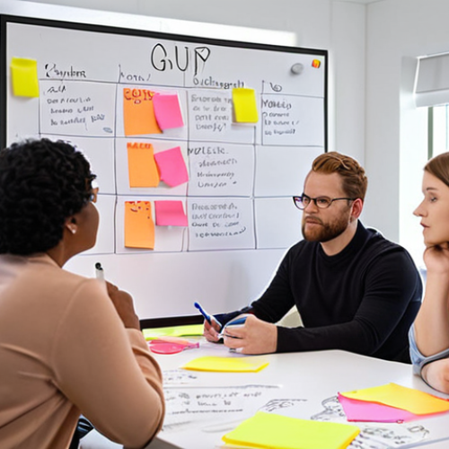 Home 15 **A diverse group participating in a brainwriting session during an innovation workshop in a bright, modern office. Anonymously written ideas on sticky notes cover a whiteboard.**