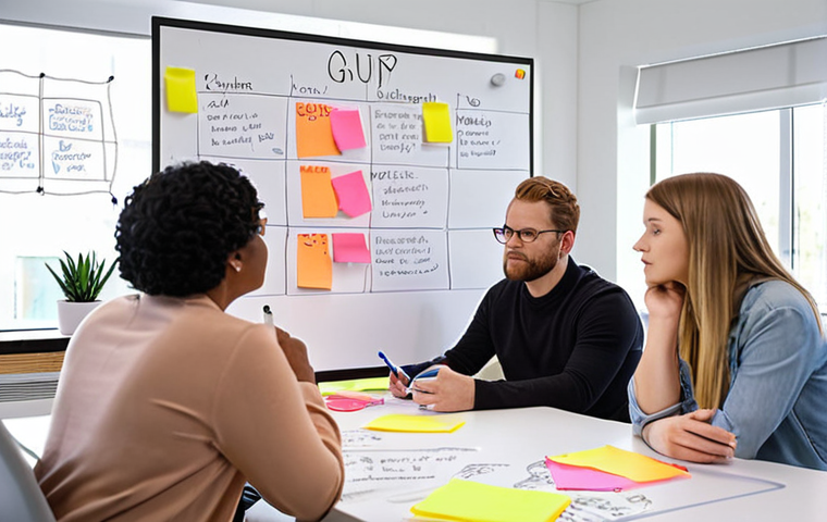 **A diverse group participating in a brainwriting session during an innovation workshop in a bright, modern office. Anonymously written ideas on sticky notes cover a whiteboard.**
