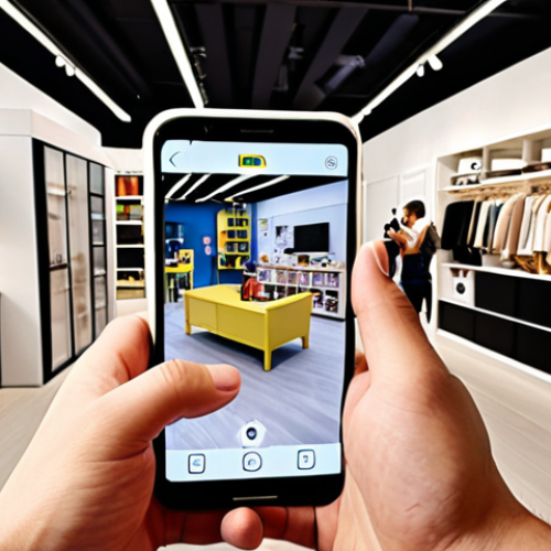 Home 14 **
A modern IKEA store interior with customers using an augmented reality app on their smartphones to visualize furniture in their homes. The scene should be bright, showcasing a variety of furniture and a family interacting with the AR app. Focus on the blend of physical shopping and digital integration.
**