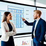 A diverse group of three professional individuals, two men and one woman, fully clothed, modest clothing, appropriate attire, professional dress. They are engaged in a collaborative brainstorming session, standing around a high-tech interactive display screen in a modern, brightly lit office space. They are pointing at the screen and discussing ideas with focused and engaged expressions. The office features clean lines, minimalist Scandinavian design, large windows overlooking a city skyline, and subtle integrated technology. Perfect anatomy, correct proportions, natural pose, well-formed hands, proper finger count, natural body proportions. High-resolution digital photography, crisp focus, vibrant colors, professional lighting. Safe for work, appropriate content, fully clothed, professional.