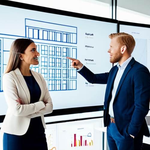 A diverse group of three professional individuals, two men and one woman, fully clothed, modest clothing, appropriate attire, professional dress. They are engaged in a collaborative brainstorming session, standing around a high-tech interactive display screen in a modern, brightly lit office space. They are pointing at the screen and discussing ideas with focused and engaged expressions. The office features clean lines, minimalist Scandinavian design, large windows overlooking a city skyline, and subtle integrated technology. Perfect anatomy, correct proportions, natural pose, well-formed hands, proper finger count, natural body proportions. High-resolution digital photography, crisp focus, vibrant colors, professional lighting. Safe for work, appropriate content, fully clothed, professional.