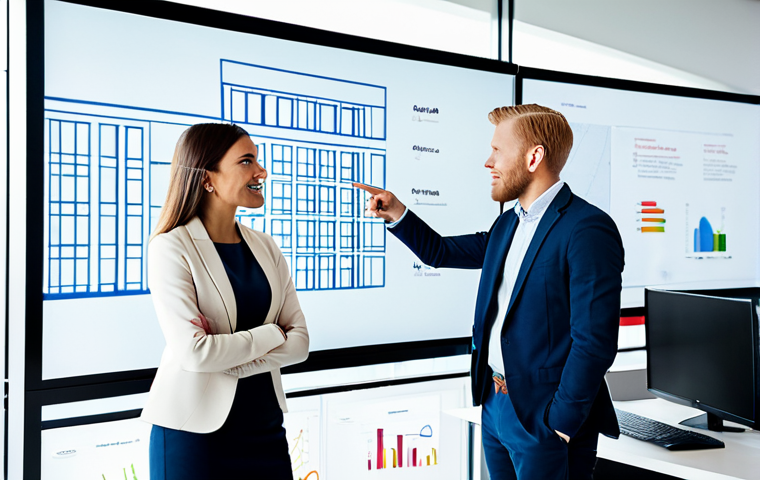 A diverse group of three professional individuals, two men and one woman, fully clothed, modest clothing, appropriate attire, professional dress. They are engaged in a collaborative brainstorming session, standing around a high-tech interactive display screen in a modern, brightly lit office space. They are pointing at the screen and discussing ideas with focused and engaged expressions. The office features clean lines, minimalist Scandinavian design, large windows overlooking a city skyline, and subtle integrated technology. Perfect anatomy, correct proportions, natural pose, well-formed hands, proper finger count, natural body proportions. High-resolution digital photography, crisp focus, vibrant colors, professional lighting. Safe for work, appropriate content, fully clothed, professional.